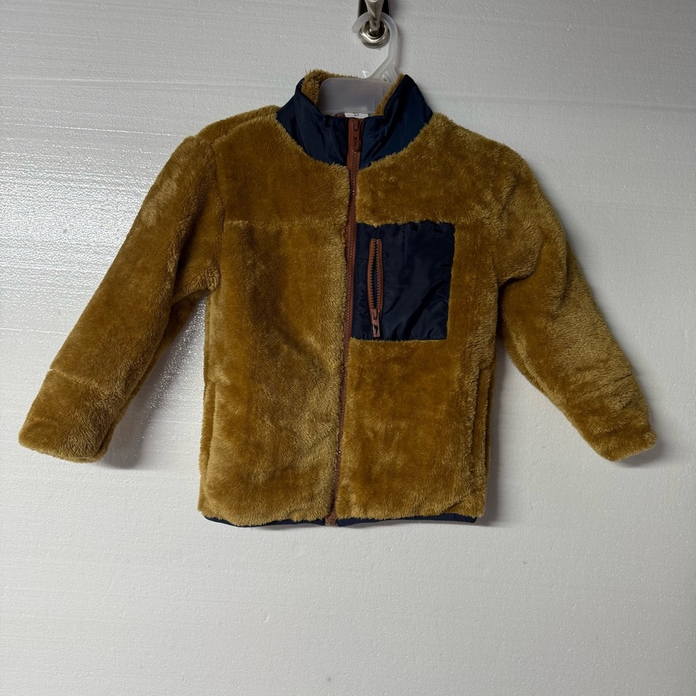 Tommy Bahama Jacket Kids 5/6 Tan Blue Fuzzy Teddy Full Zip Pockets Warm Faux Fur